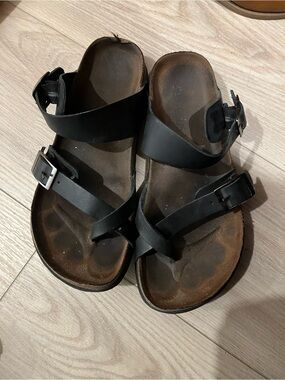 Black Strappy Leather Slide Sandals
